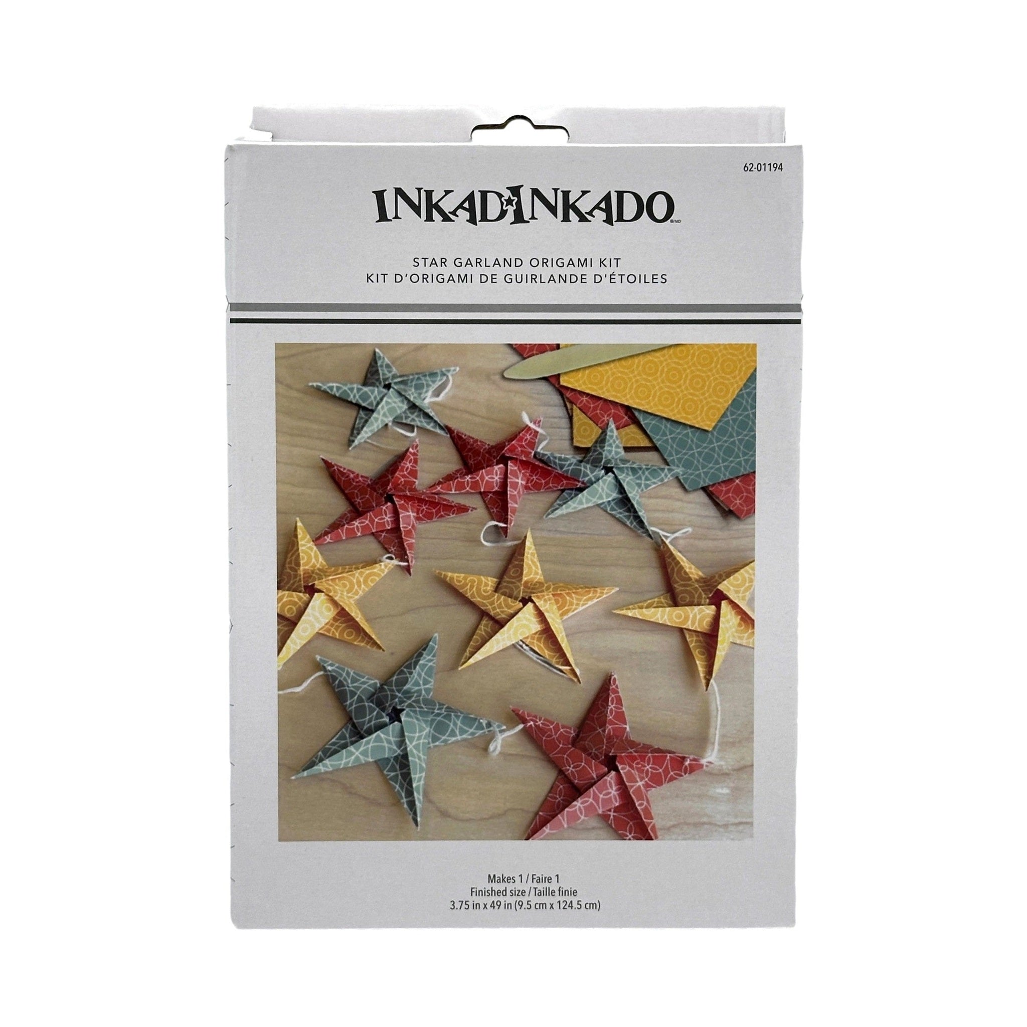 Origami star garland kit in red, yellow, and blue with a white background.